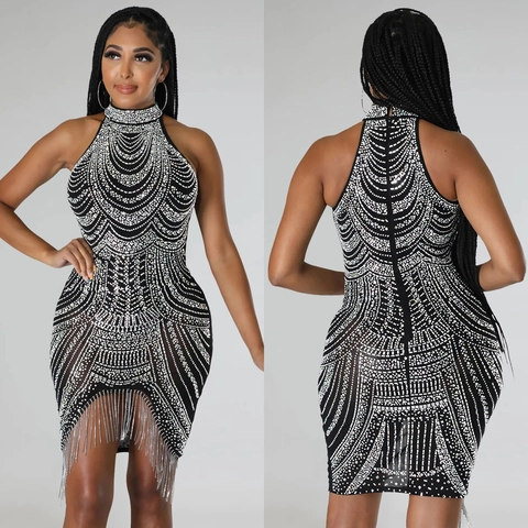 Γυναικείο Halter Neck Αμάνικο Μίνι Φόρεμα Λαμπερά Στρας Εφαρμοστό Φόρεμα Με Κρόσσια για Πάρτι Βραδινό Κλαμπ