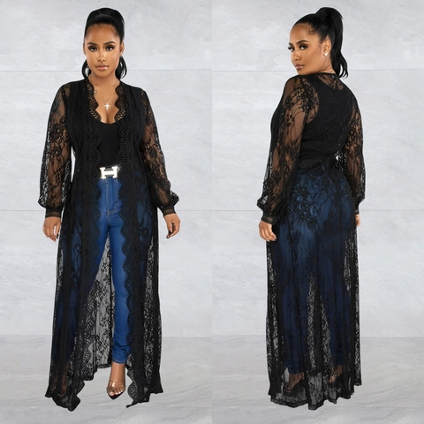 Women Elegant Floral Sheer Lace Long Cardigan Cover Up Loose Long Sleeve Wave Trim Beach Cape Outwear