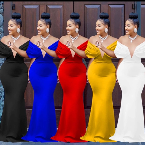 Elegant Schulterfrei V-Ausschnitt Rückenfrei Fischschwanz Abendkleid Rüschenbesatz Slim Fit Bodenlang Party Kleid Damen