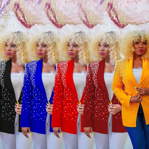 Veste de Blazer pour Femme Élégante avec Ornement de Künstliche Perles Manches Longues Revers Couleur Unie Mode Mi-Longue Manteau de Fête