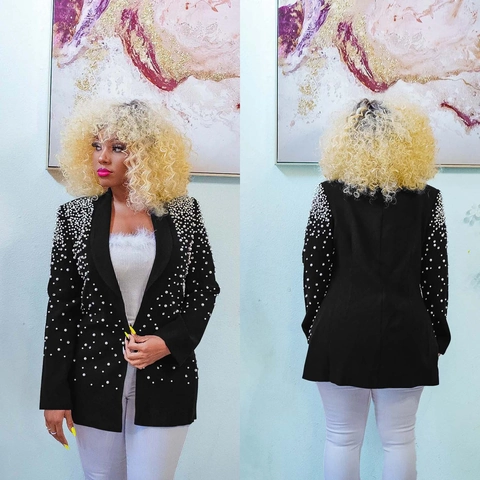 Veste de Blazer pour Femme Élégante avec Ornement de Künstliche Perles Manches Longues Revers Couleur Unie Mode Mi-Longue Manteau de Fête