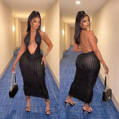 Sexy Halter Rückenfrei Rüschen Maxi Kleid Für Damen Tiefer V-Ausschnitt Slim Fit Polyester Spandex Strukturierte Party Club Langes Kleid