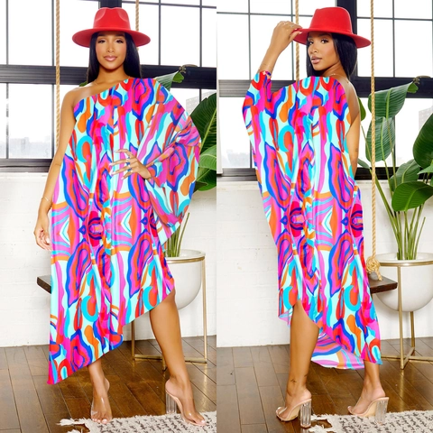 Women One Shoulder Abstract Geometric Print Maxi Dress Irregular Hem Long Sleeve Bohemian Kaftan Vacation Party Long Dress