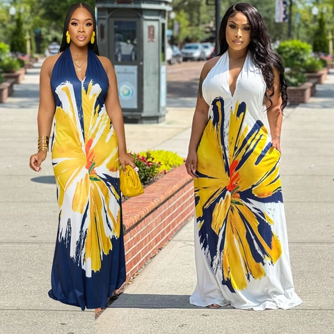Abito Maxi da Donna Elegante con Scollo all'Americana e Schiena Scoperta Sexy Scollo a V Stampa Floreale Estiva Boho Vacanza Vestito Lungo a Linea ad A
