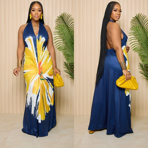 Abito Maxi da Donna Elegante con Scollo all'Americana e Schiena Scoperta Sexy Scollo a V Stampa Floreale Estiva Boho Vacanza Vestito Lungo a Linea ad A