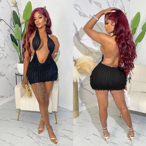 Women's Sexy Halter Neck Deep V Backless Ruched Mini Dress Solid Color Wave Hem Bodycon Party Club Dress