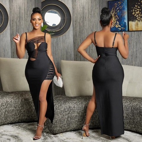 Damen Sexy Netz-Ausschnitt Maxi Kleid Spaghettiträger Hoher Schlitz Bodycon Langes Abendkleid Party Schwarz Sommer Elegant