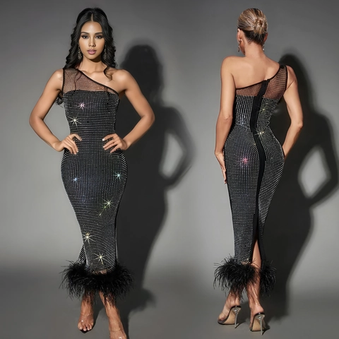Women One Shoulder Bodycon Maxi Dress Mesh Splicing Rhinestone Grid Pattern Feather Hem Elegant Sexy Evening Party Gown