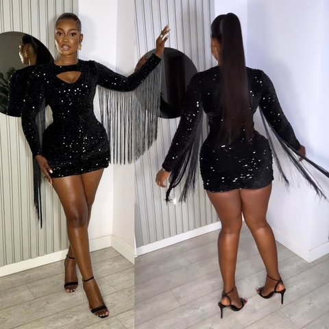 Sexy Women Black Sequin Tassel Long Sleeve Mini Dress Hollow Cut Out Bodycon Party Evening Clubwear Night Out Short Dress