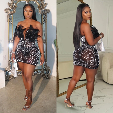 Sexy Schulterfreies Feder Netz Strass Minikleid Elegant Bodycon Party Abend Clubwear Kurzes Kleid Für Damen