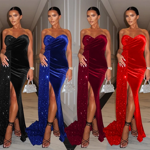 Elegant Strapless Velvet Sequin Splicing Maxi Dress High Slit Bodycon Evening Gown For Women Banquet Party Formal Dress