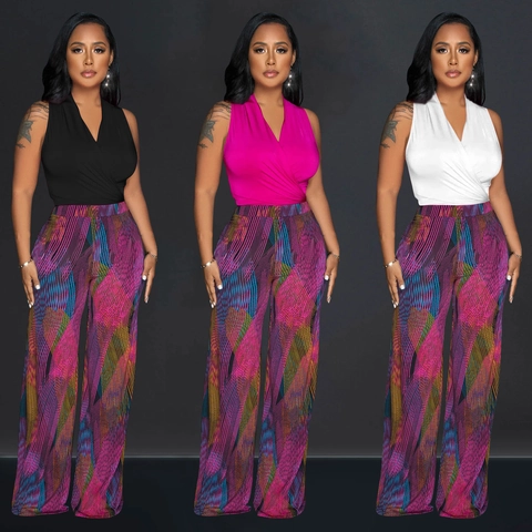 Set Due Pezzi Donna Casual Scollo a V Senza Maniche Top Incrociato Stampa Geometrica Astratta Pantaloni Gamba Larga Estate