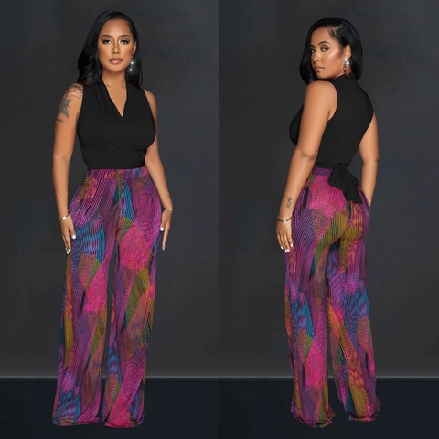 Set Due Pezzi Donna Casual Scollo a V Senza Maniche Top Incrociato Stampa Geometrica Astratta Pantaloni Gamba Larga Estate