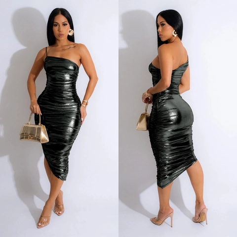 Women Sexy Metallic Ruched One Shoulder Midi Dress Elegant Glossy Bodycon Party Evening Cocktail Sleeveless Bodycon Dress