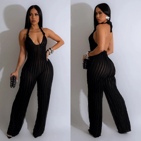 Women Sexy Halter Deep V Backless Jumpsuit Pleated Solid Color Wide Leg Long Pants Elegant Summer Party Clothing Jumpsuit