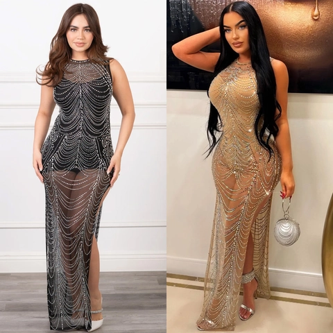 Abito da Sera Donna Elegante in Rete con Strass Senza Maniche Maxi Abito Sexy Trasparente con Spacco Alto per Festa