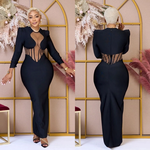 Robe Maxi Bodycon Sexy pour Femmes avec Patchwork en Maille Ajourée Manches Longues Transparente Slim Fit Soirée Élégante