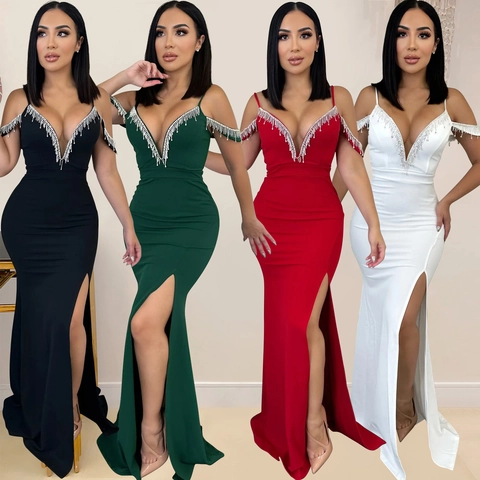 Elegantes Damen Abendkleid Mit Strass Fransen Spaghettiträger Sexy Hoher Schlitz Meerjungfrau Lang Formelles Party Bankett Kleid