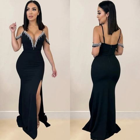 Elegantes Damen Abendkleid Mit Strass Fransen Spaghettiträger Sexy Hoher Schlitz Meerjungfrau Lang Formelles Party Bankett Kleid