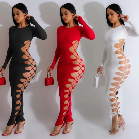 Women Sexy Round Neck Long Sleeve Bodycon Maxi Dress Side Cut Out Criss Cross Lace Up Solid Color Tight Floor Length Skirt