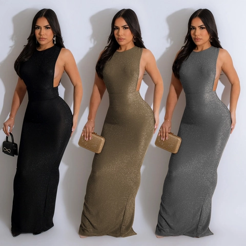 Women Shimmer Backless Maxi Dress Round Neck Sleeveless Side Cutout Split Elegant Evening Party Gown Formal Wedding Guest Dress