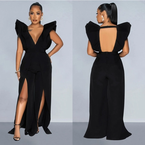 Women Sexy Deep V Neck Jumpsuit Elegant Ruffle Shoulder Backless Wide Leg Pants Formal Evening Party Banquet Jumpsuit