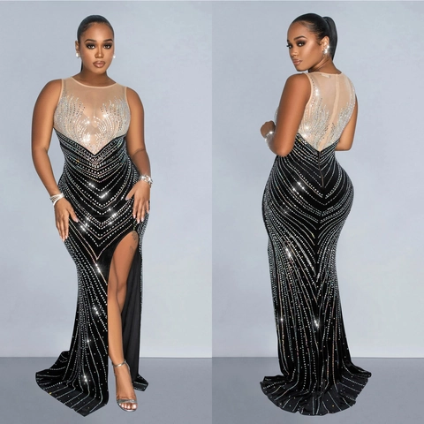 Elegantes Abendkleid mit Netz-Spleißen und Strasssteinen für Damen Ärmellos Hoher Schlitz Slim Fit Bodenlang Bankett Party Kleid