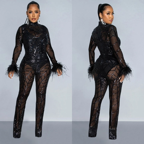 Women Elegant Mesh Sequin Jumpsuit High Neck Long Sleeve Geometric Pattern Romper With Feather Cuff Party Clubwear