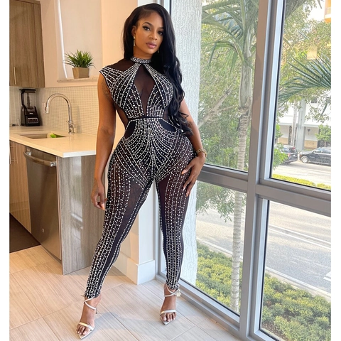 Combinaison Élégante en Maille et Strass pour Femmes Sexy Transparente Col Montant Sans Manches Combinaison Pantalon Longue
