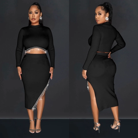 Damen Stehkragen Langarm Oberteil Und Asymmetrischer Midirock Mit Strassfransen Rippstrick Elegantes Party Club Outfit
