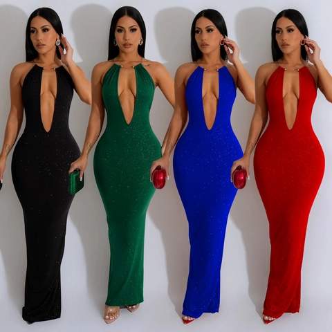 Abito da Donna Elegante Bodycon Halter Scollo a V Profondo Schiena Scoperta Maxi Tessuto Luccicante Senza Maniche Spacco Banchetto Festa