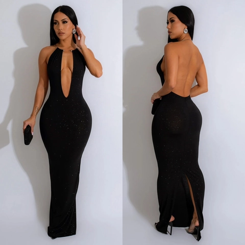 Abito da Donna Elegante Bodycon Halter Scollo a V Profondo Schiena Scoperta Maxi Tessuto Luccicante Senza Maniche Spacco Banchetto Festa