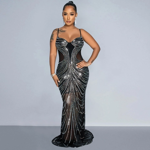 Damen Elegant Schwarz Strass Maxi Abendkleid Sexy Spaghettiträger Netz Patchwork Schlanke Passform Party Kleid Bankett