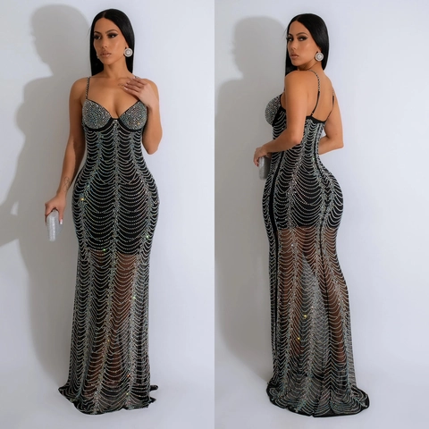 Elegante Vestito Lungo da Donna in Maglia con Strass Sexy Schiena Scoperta Bodycon Abito da Sera per Feste Sottoveste