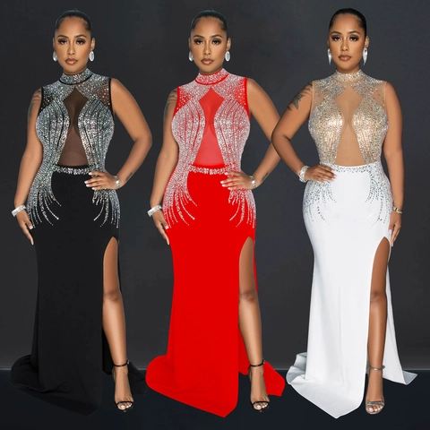 Elegant Mesh Patchwork Rhinestone Evening Maxi Dress Sleeveless High Neck Sexy High Split Slim Fit Wedding Party Gown For Women