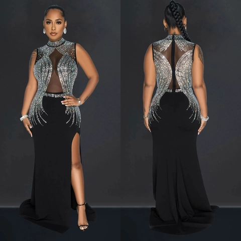 Elegant Mesh Patchwork Rhinestone Evening Maxi Dress Sleeveless High Neck Sexy High Split Slim Fit Wedding Party Gown For Women