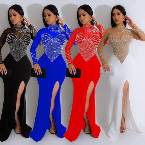 Elegantes Damen Netz Strass Schlitz Maxi Kleid Stehkragen Langarm Schlanke Passform Abend Party Funkelndes Kleid