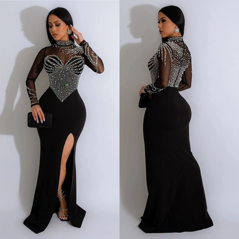 Elegantes Damen Netz Strass Schlitz Maxi Kleid Stehkragen Langarm Schlanke Passform Abend Party Funkelndes Kleid