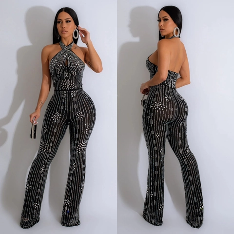 Women Halter Neck Sleeveless Open Back Rhinestone Jumpsuit Flare Leg Slim Fit Party Evening Sexy Jumpsuit One Piece Outfit