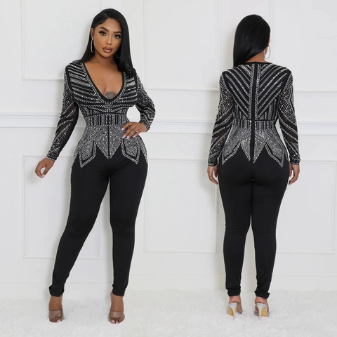 Vrouwen Elegante Strass V-Hals Jumpsuit Lange Mouw Geometrisch Patroon Zwart Slim Fit Party Avond Sexy Bodycon Romper