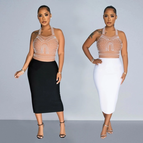 Elegant Halter Neck Mesh Artificial Pearl Dress For Women Backless Slim Fit Bodycon Midi Dress Sexy Party Evening Wedding Dress
