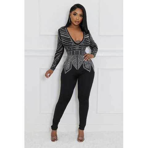 Vrouwen Elegante Strass V-Hals Jumpsuit Lange Mouw Geometrisch Patroon Zwart Slim Fit Party Avond Sexy Bodycon Romper
