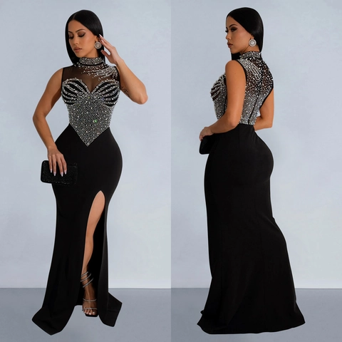 Women's Elegant High Neck Sleeveless Mesh Rhinestone Bodycon Maxi Dress Sexy Side High Split Evening Party Gown
