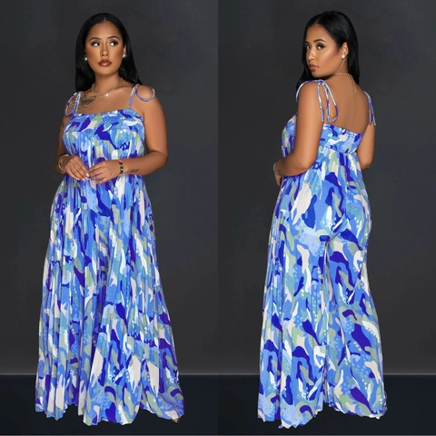 Damen Sexy Abstrakter Druck Spaghetti-Träger Plissee Jumpsuit Elegant Rückenfrei Weites Bein Urlaub Party Ärmellos Jumpsuit