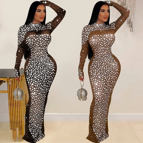 Elegant Women Mesh Rhinestone Long Sleeve Maxi Dress Bodycon Semi Transparent Evening Party Gown Solid Color Polyester
