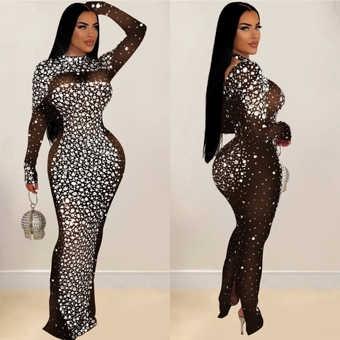 Robe Longue en Maille Élégante pour Femmes Avec Strass Manches Longues Moulante Semi Transparente Robe de Soirée Polyester