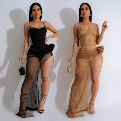 Women Sexy Mesh Rhinestone Set Camisole Bodysuit And High Split Maxi Skirt With 3D Flower Decoration Party Nightclub Clothing