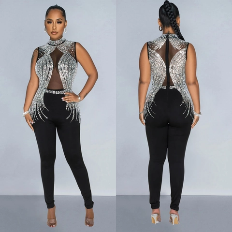 Mono de Malla Sexy para Mujer con Diamantes de Imitación Cuello Alto Sin Mangas Ajustado Elegante Fiesta Clubwear Color Sólido