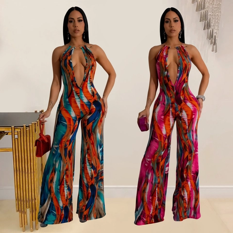 Damen Halfter Tiefer V Ausschnitt Jumpsuit Abstrakt Druck Rückenfrei Weites Bein Jumpsuit Ärmellos Mode Sexy Lang Jumpsuit Outfit