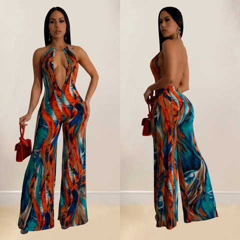 Damen Halfter Tiefer V Ausschnitt Jumpsuit Abstrakt Druck Rückenfrei Weites Bein Jumpsuit Ärmellos Mode Sexy Lang Jumpsuit Outfit